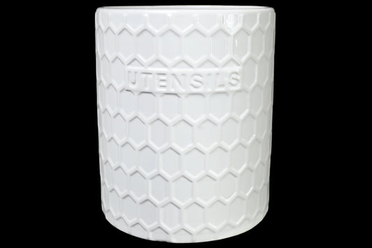 Ceramic Round Utensil Jar with Embossed UTENSILS Writing and Hexagon Pattern Design Body