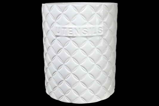 Ceramic Round Utensil Jar with Embossed UTENSILS Writing and Diamond Pattern Design Body
