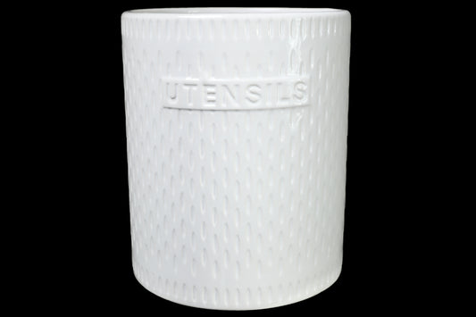 Ceramic Round Utensil Jar with Embossed UTENSILS Writing and Vertical Cut Off Line Pattern Design Body