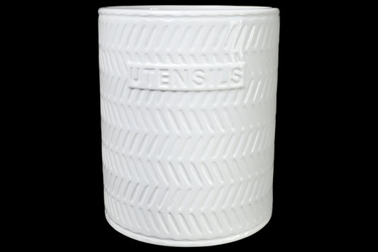 Ceramic Round Utensil Jar with Embossed UTENSILS Writing and Diagonal Cut Off Line Pattern Design Body