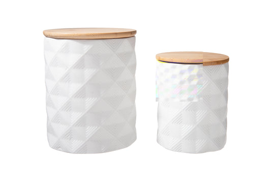 Ceramic Canister with Bamboo Lid and Pressed Bursting Pattern Design
