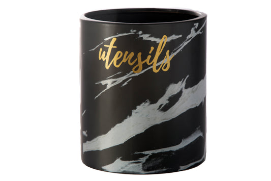 Ceramic Round Utensil Jar with Cursive Writing and Sketch Abstract Design