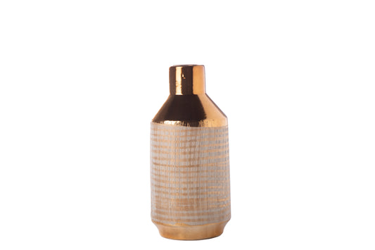 10" Ceramic Round Vase with Brushed Banded Lattice Design Body