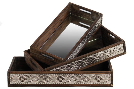 Wood Nesting Tray with Mirror Surface, Pierced Metal Side and Cutout Handle