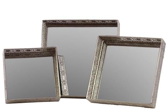 Metal Square Tray with Mirror Surface and Elevated Pierced Metal Sides
