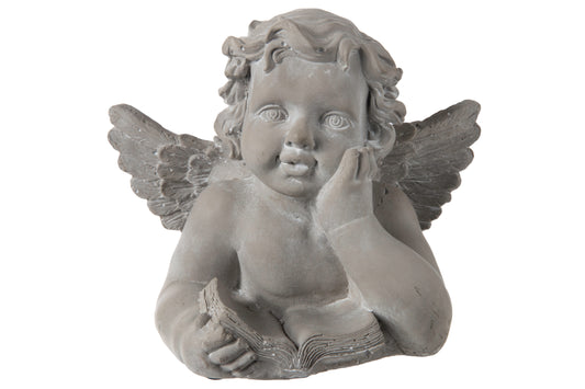 Cement Angel Reading Bust Figurine Concrete Finish Gray-8.00"H