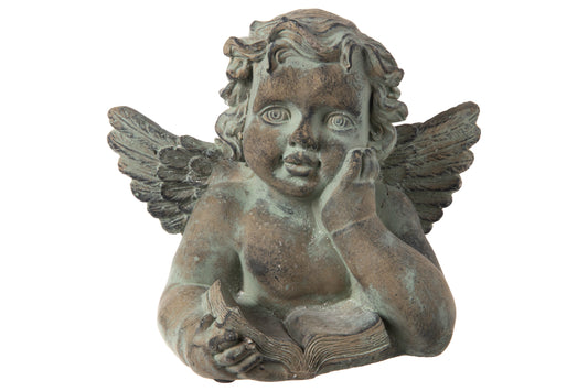 Cement Angel Reading Bust Figurine Antique Concrete Finish Green-8.00"H