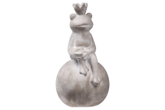 Cement Sitting Crowned Frog with Hands on Knees and Ball Base Washed Finish Gray-9.00"H