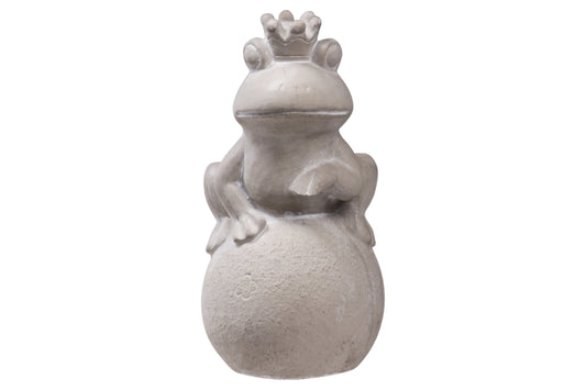 Cement Sitting Crowned Frog Statue on Ball Base Natural Finish Gray-8.50"H