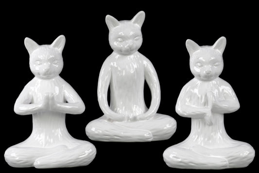 Ceramic Meditating Cats Figurine Gloss Finish White 7.75"H