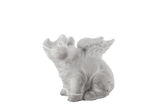 6" Cement Sitting and Facing High Winged Piglet Figurine