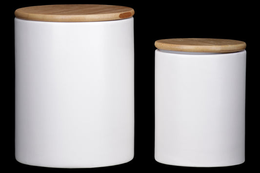 Ceramic Round Canister with Wooden Lid and Smooth Design Body, Set of 2