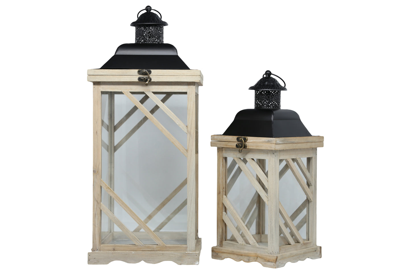 Wood Square Lantern with Black Painted Metal Fliptop Opening, Ring Hanger and Clear Glass Sides