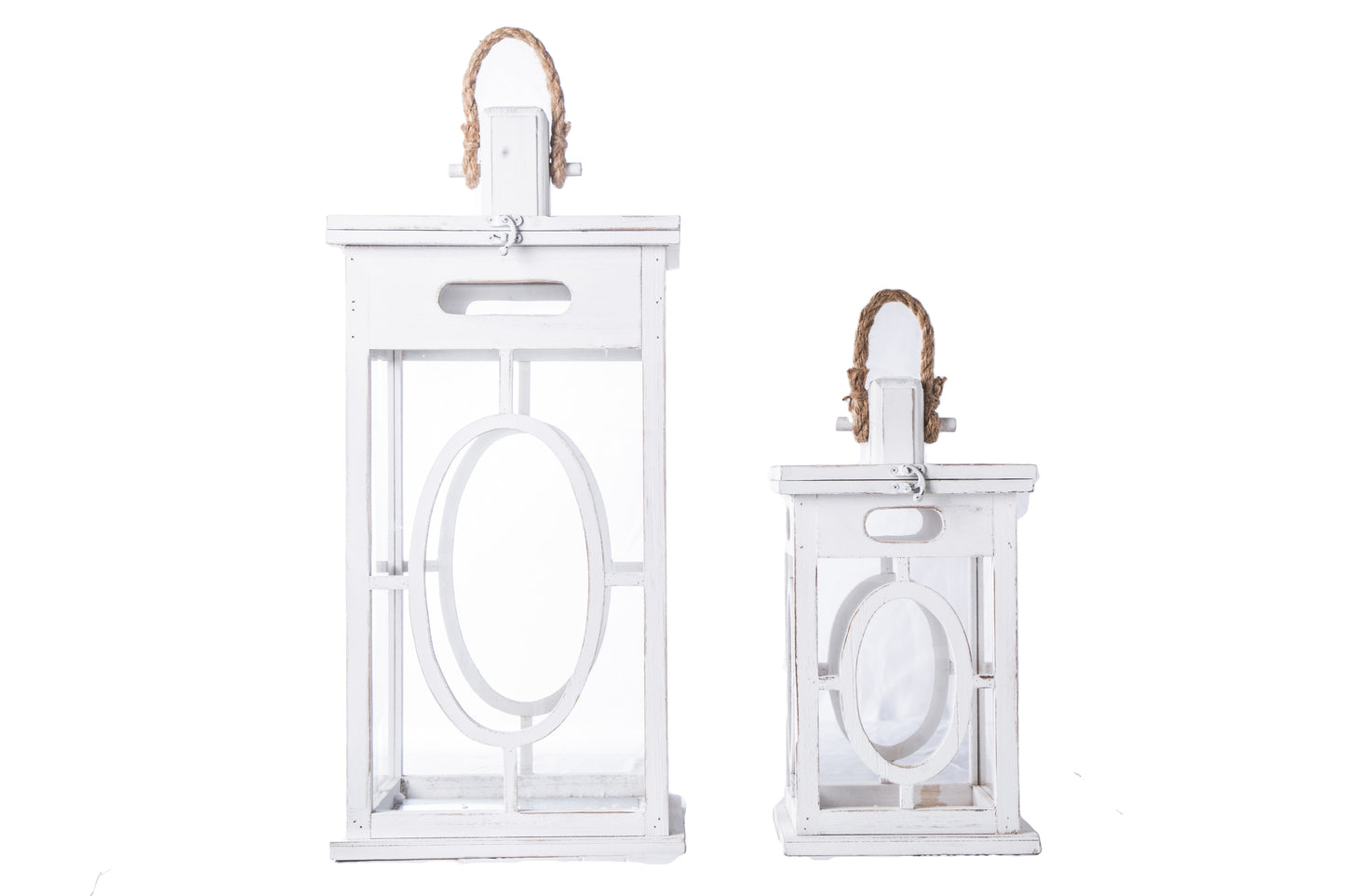 Wood Square Lantern with Top Rope Handle and Elliptical Cutout Design Body