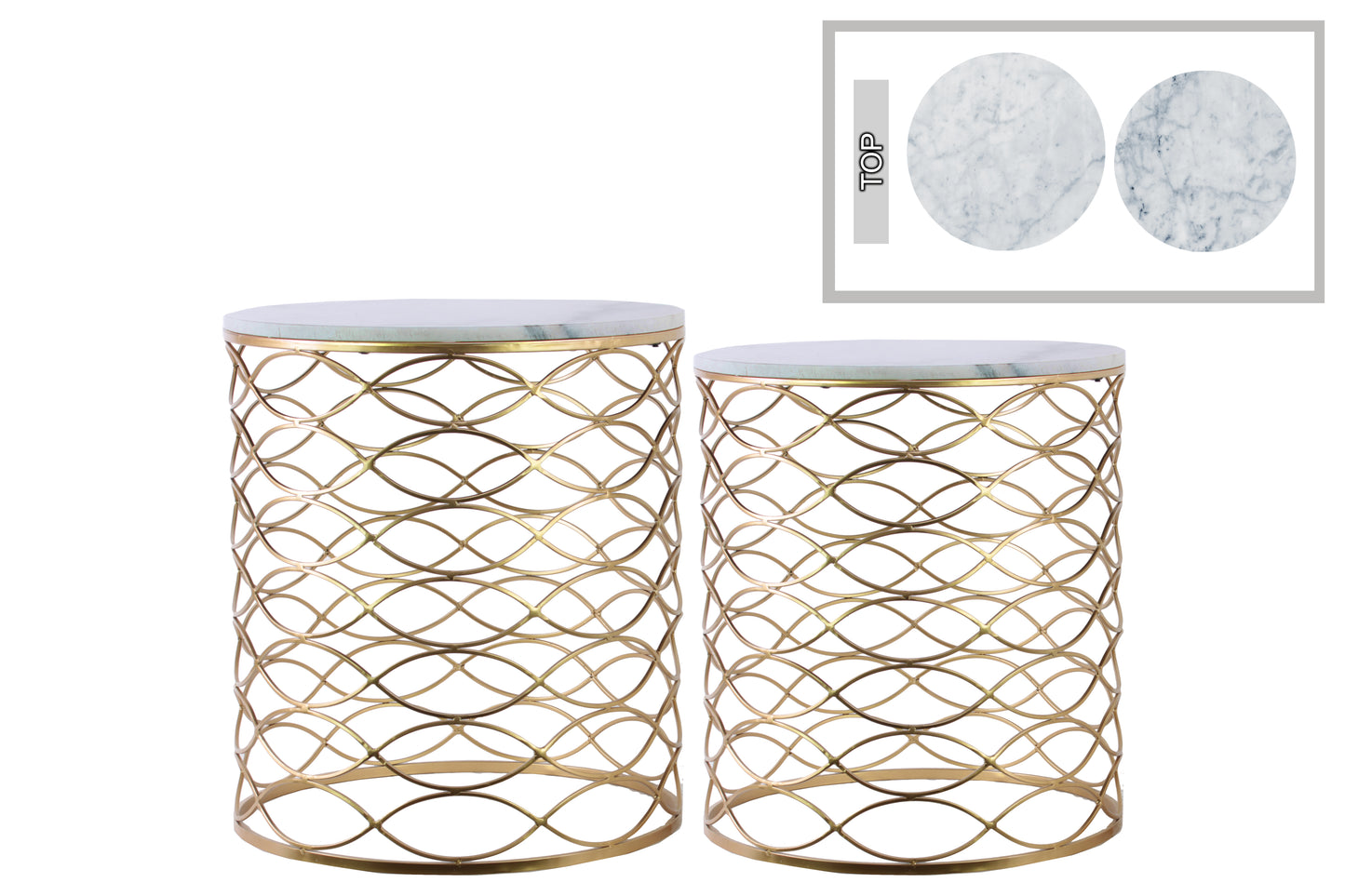 Metal Round Nesting Accent Table with Marble Top and Lattice Wave Design
