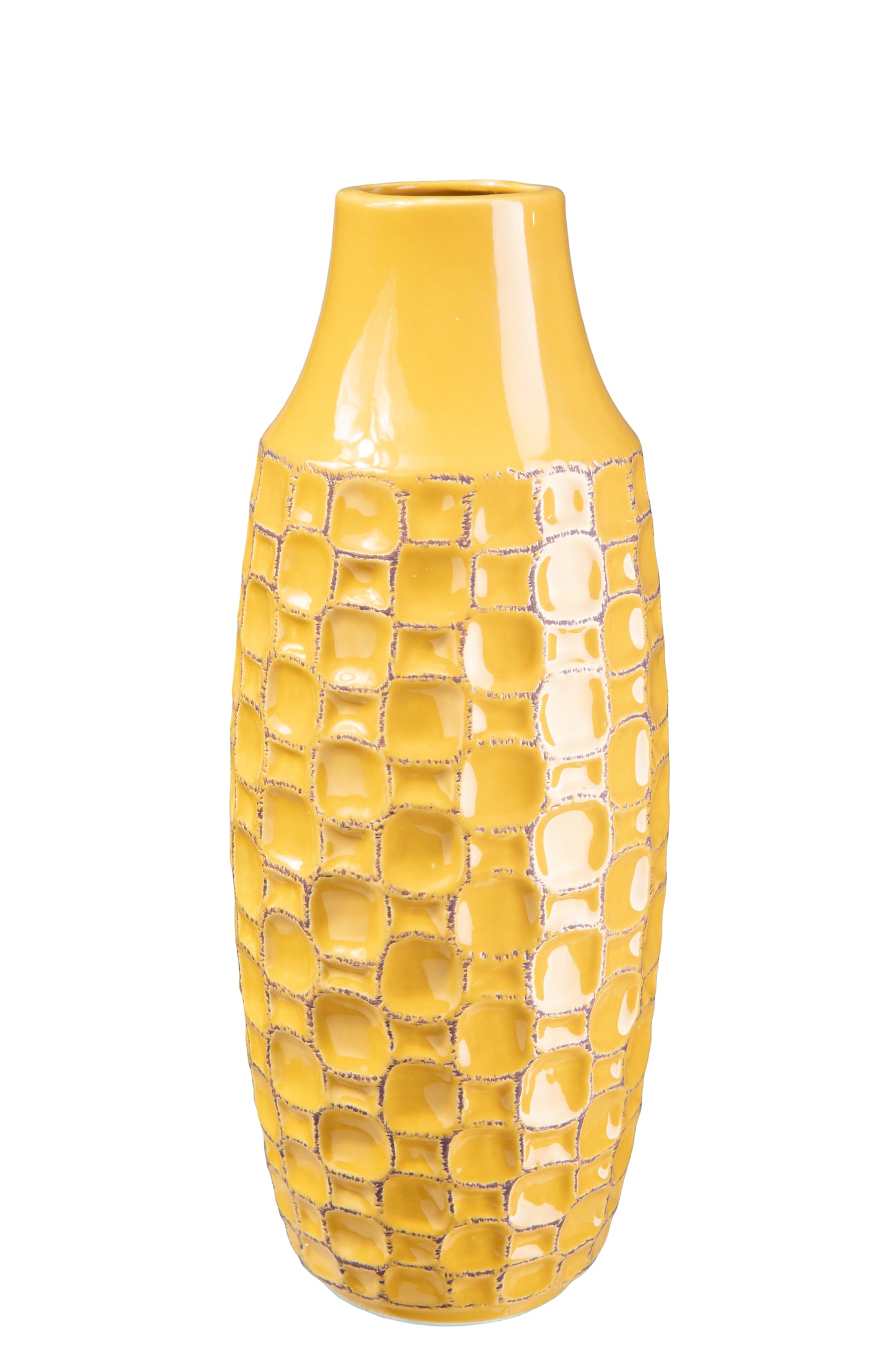 Ceramic Tall Round Vase Gloss Finish Mastard Yellow-10.00"H