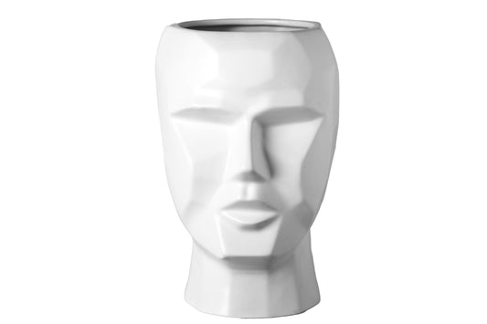 Ceramic Round Pixelated Man's Head Pot Matte Finish White-12.25"H