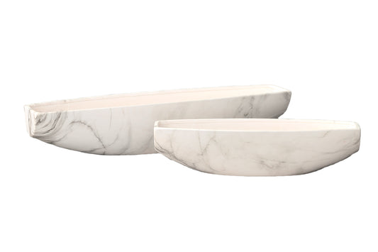 Ceramic Low Boat Shape Pot Set of Two Matte Finish White and Black-5.50"H