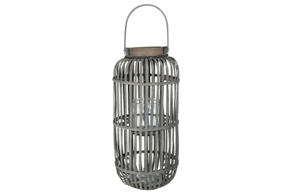Wood Tall Round Lantern with Top Handle Lattice Design Body, Candle Glass Holder and Tapered Bottom