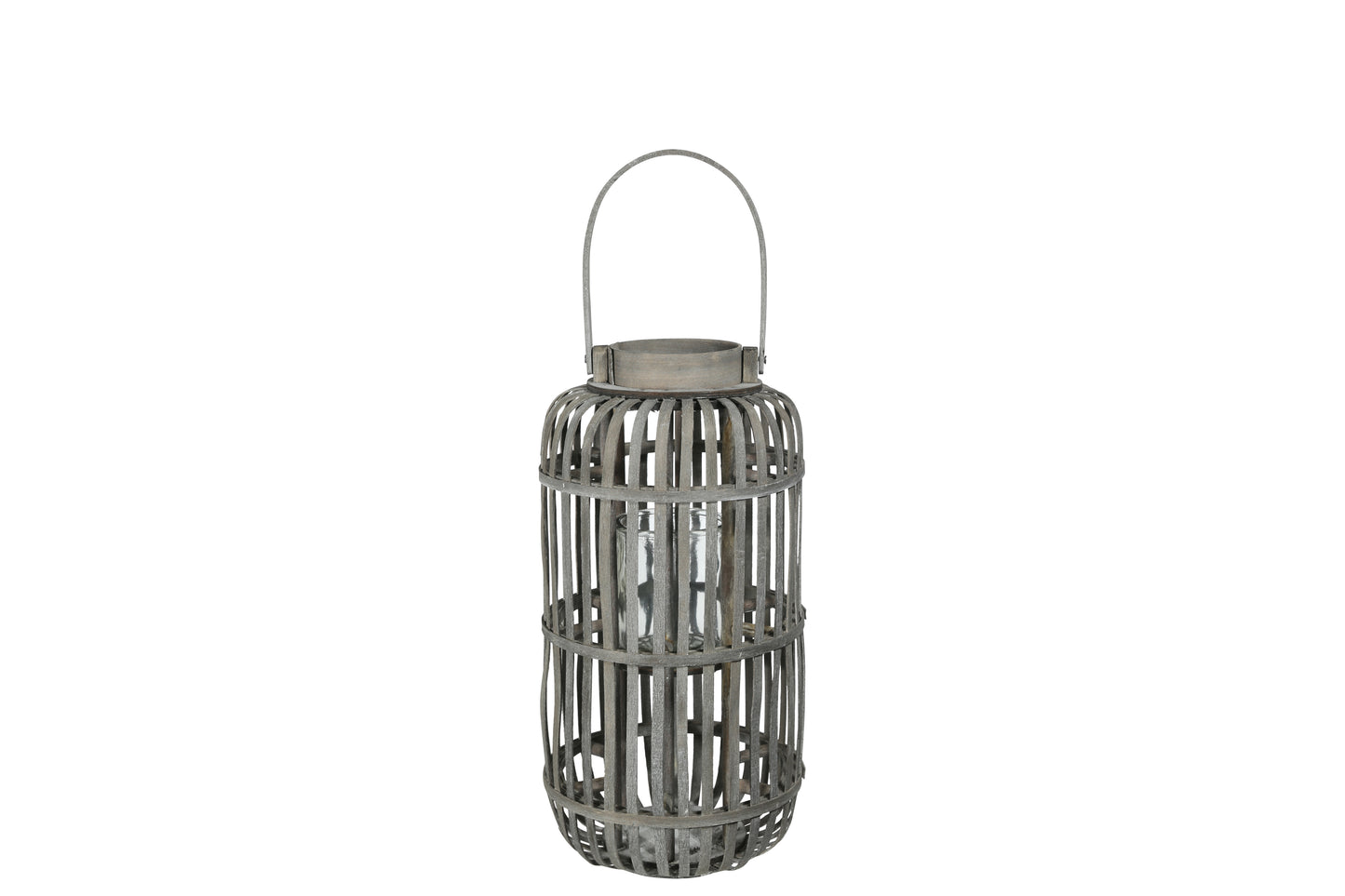 Wood Tall Round Lantern with Top Handle Lattice Design Body, Candle Glass Holder and Tapered Bottom