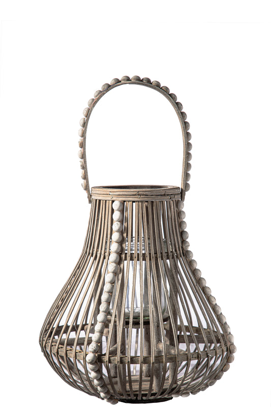 Wood Round Bellied Lantern Natural Finish Tan-13.00"H