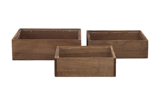 Wooden Square Planter Set of Three Matte Finish White Wash-5.50"H