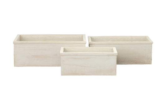 Wooden Rectangular Planter Set of Three Matte Finish White Wash-6.50"H