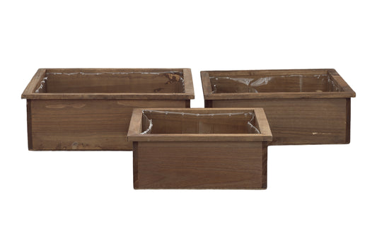 Wooden Square Planter Set of Three Matte Finish White Wash-6.50"H