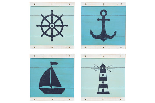 Wood Square Wall Art with Coastal Design Assortment of Four Distressed Finish Blue