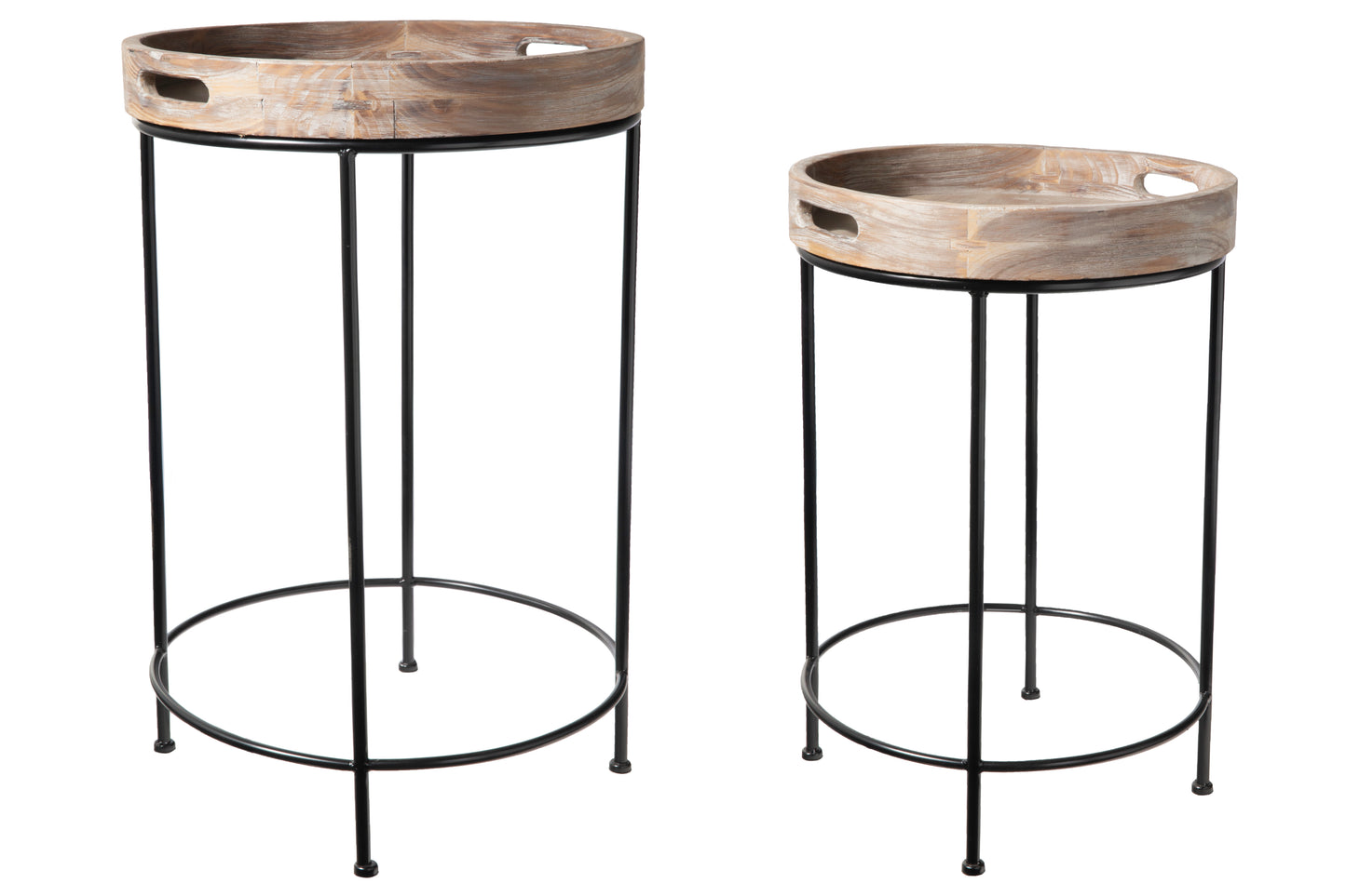 Metal & Wood Round Tray Table with Cutout Side Handles and Black Metal Stand