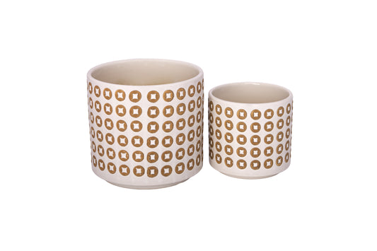 Ceramic Round Planter Set Of Two  Gloss Finish Reactive White-7.00"H -122