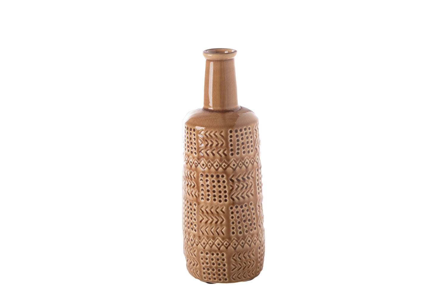 Ceramic Round Bottle Vase with Long Neck and Layered Tribal Pattern Design