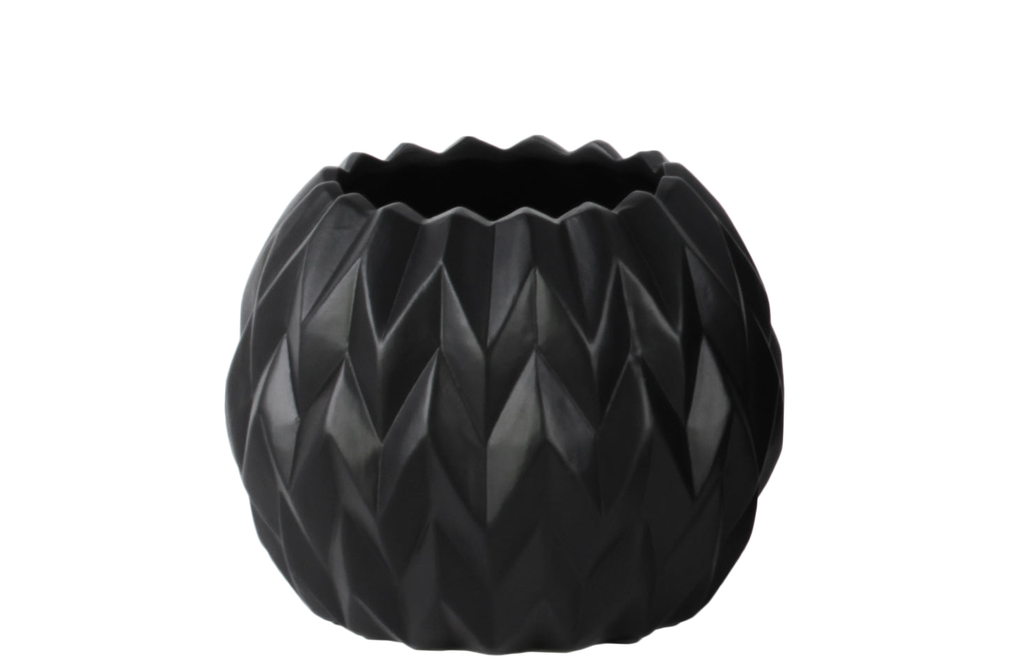 Ceramic Round Low Vase with Uneven Lip and Embossed Wave Design Matte Finish Black