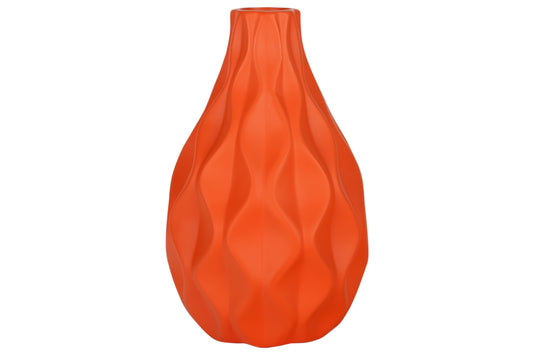 Ceramic Round Vase with Belly and Embossed Wave Design Matte Finish Orange