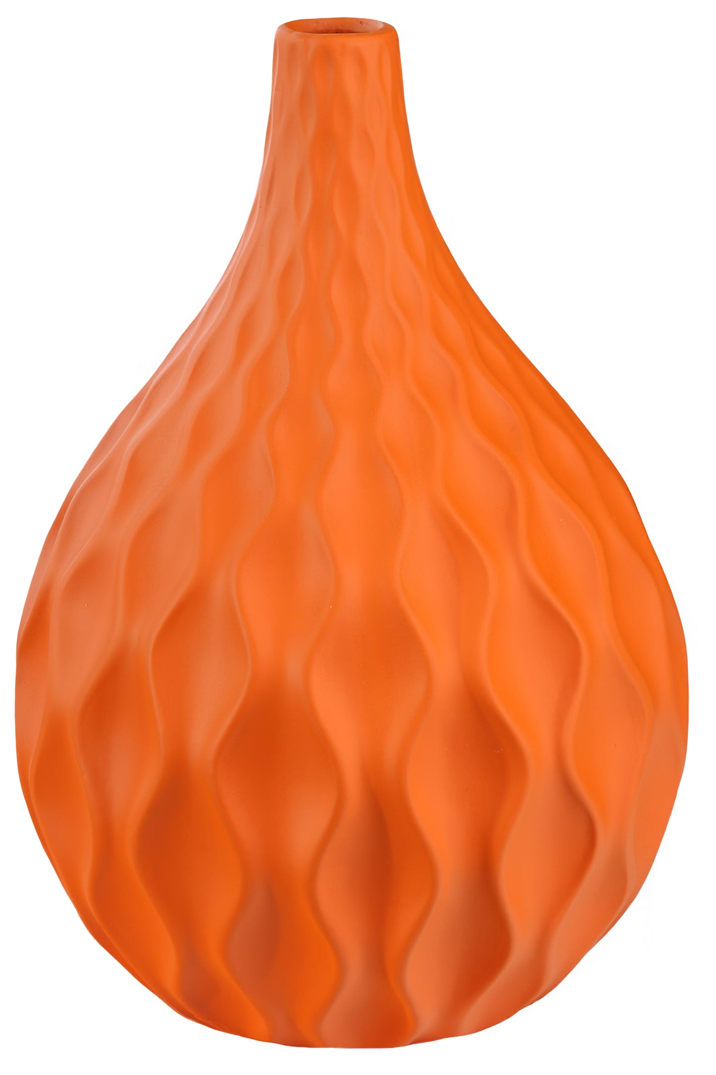 Ceramic Round Vase with Round Lip, Embossed Wave Design and Rounded Bottom Matte Finish Orange