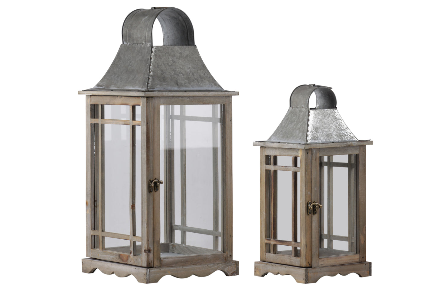 Wood Square Lantern with Metal Top, Ring Handle and Side Intersecting Lines Design