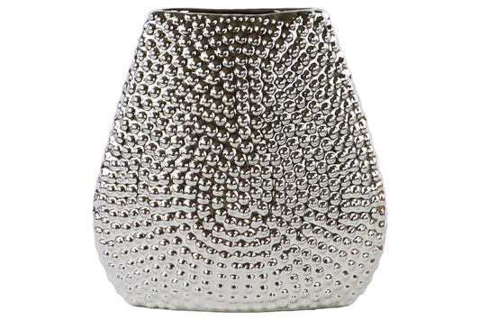 Ceramic Elliptical Bellied Vase Beaded Chrome Finish
