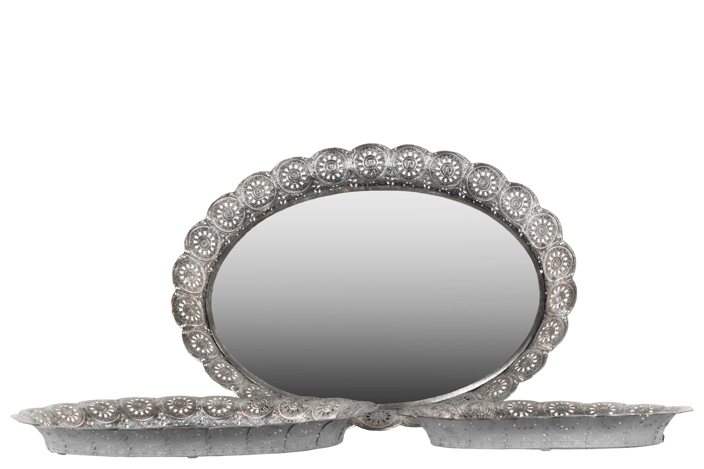 Metal Oval Tray with Mirror Surface and Pierced Metal Frame