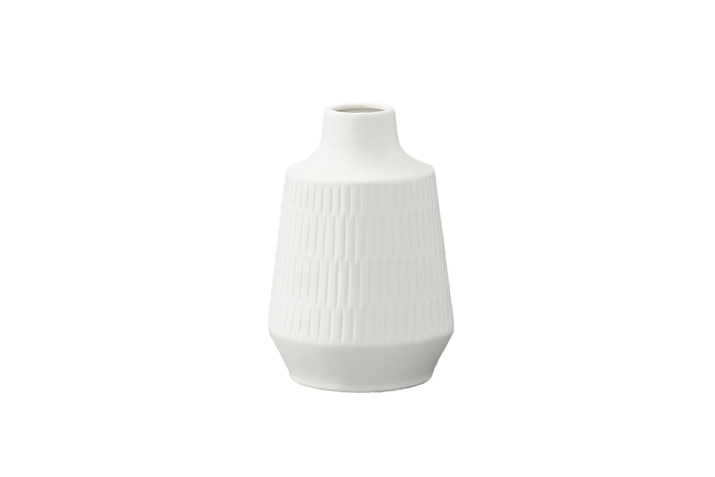 Ceramic Round Short Neck Vase with Layer Banded Debossed Line Design Matte Finish White