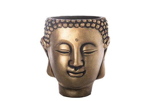 Cement Meditating Buddha Head Pot Distressed Concrete Finish Gold-8.25"H