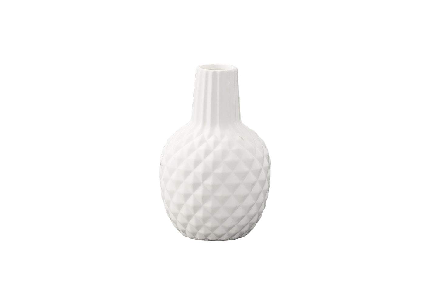 Ceramic Bellied Round Vase with Long Engraved Parallel Lines Design Neck, Engraved Diamond Design Body and Tapered Bottom Matte Finish White