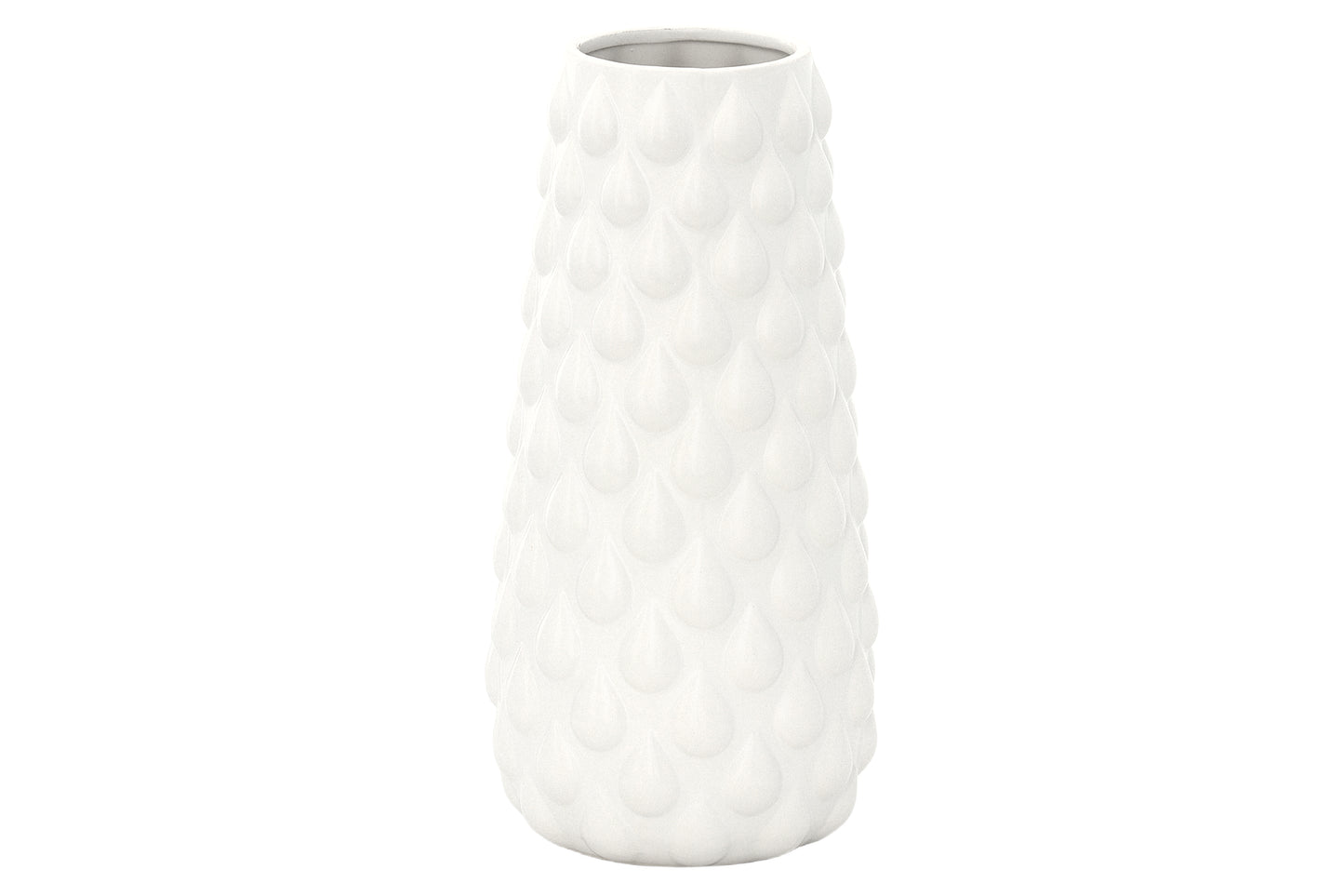 Ceramic Round Vase with Embossed Water Drops Pattern and Flared Bottom Design Body Matte Finish White