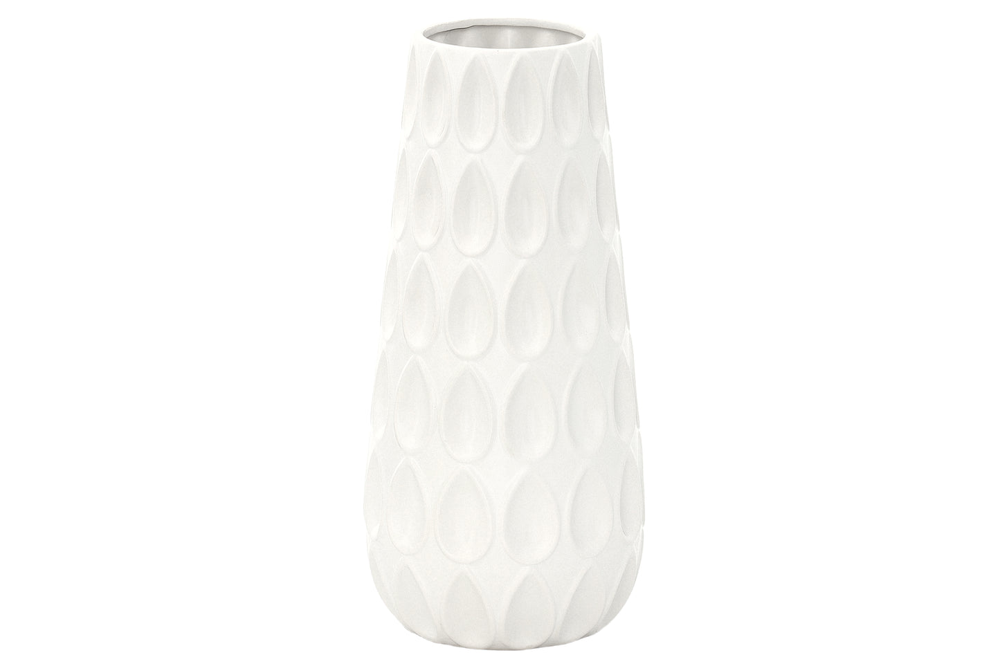 Ceramic Round Vase with Debossed Water Drops Pattern and Flared Bottom Design Body Matte Finish White