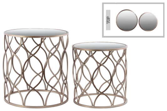 Metal Round Nesting Accent Table with Mirror Top, Intersecting Wave Design
