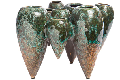 Ceramic Cluster Organic Multisize Vases with Banded Spike Bottom Distressed Finish