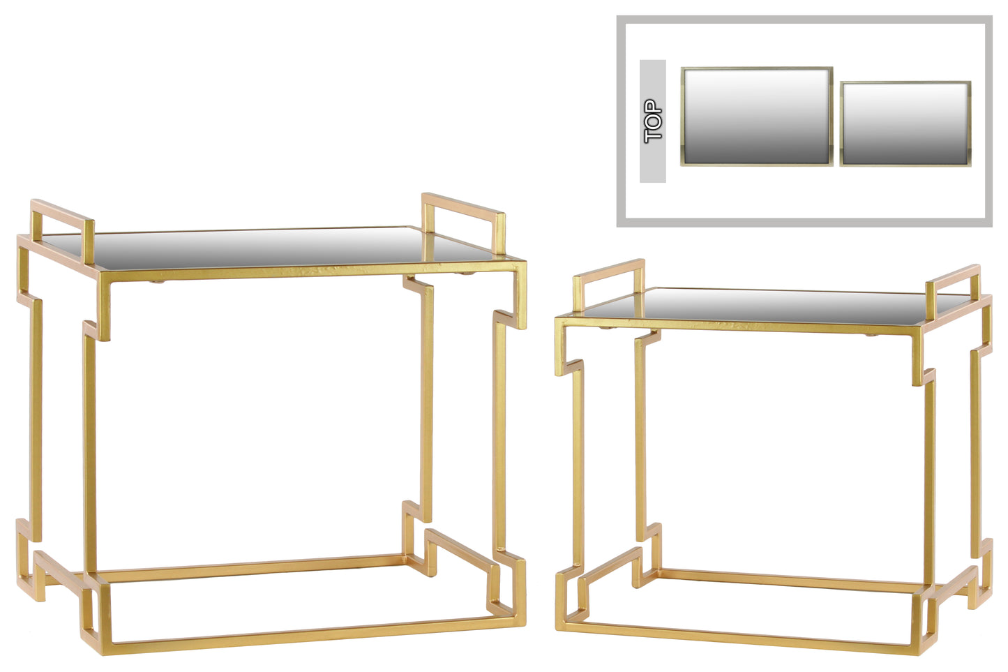 Metal Rectangular Nesting Accent Table with Mirror Top, Side Handles and Round Base
