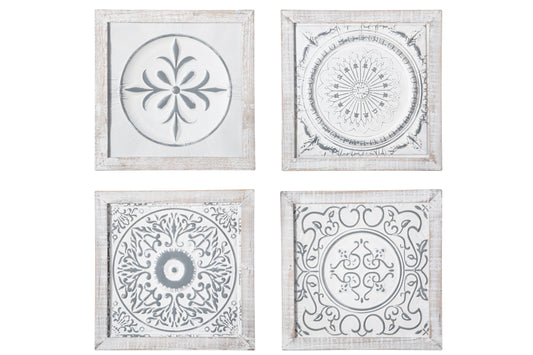 Wood Square Wall Art with Metal Mandala Pattern Design Body Assortment of Four Washed Finish White