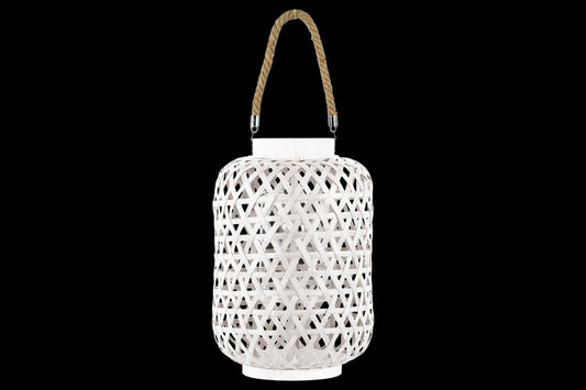 Wood Lantern Washed Finish White-15.25"H