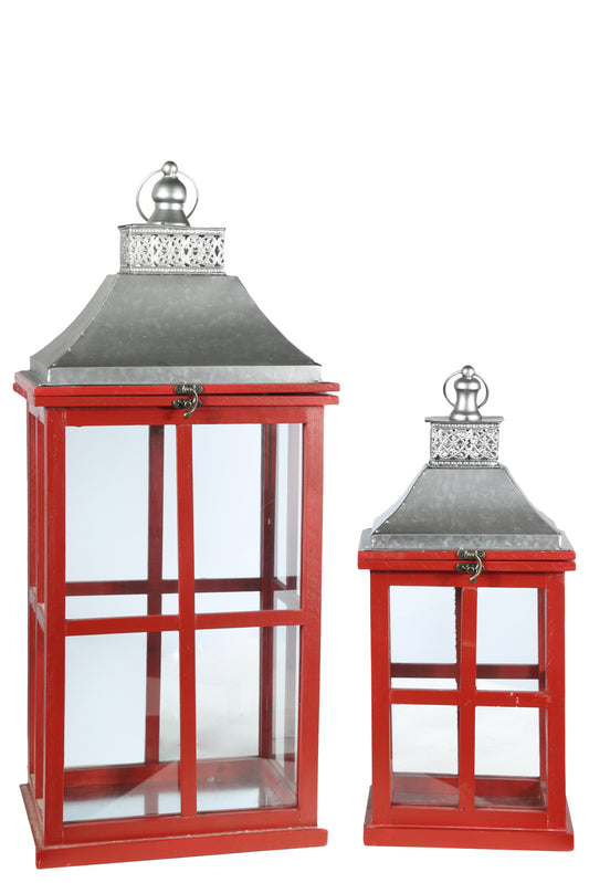 Wood Rectangle Lantern Painted Finish Wine Red-27.75"H