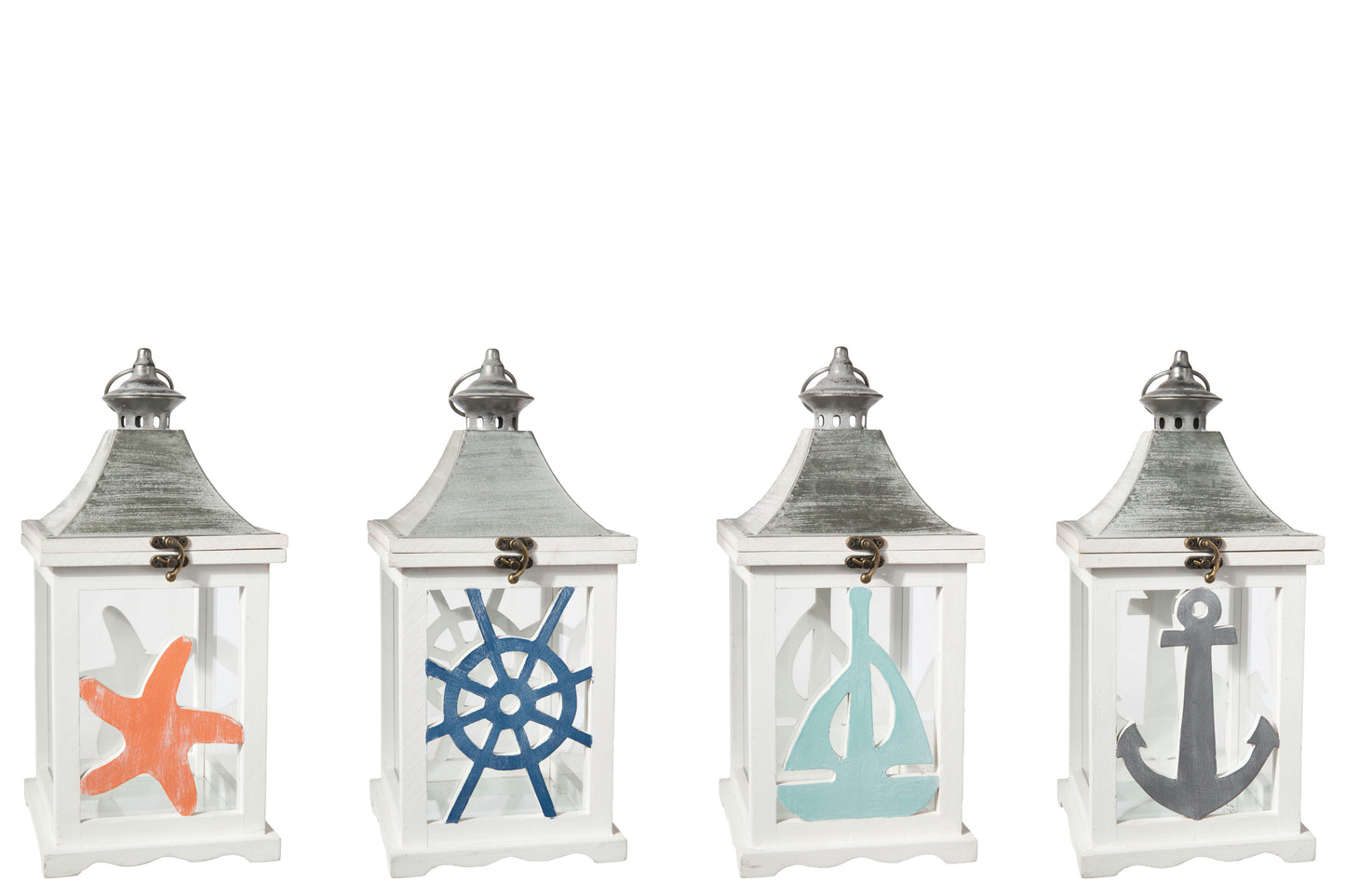 Wood Square Lantern With Silver Metal FlipTop, Hanger and Coastal Theme Design